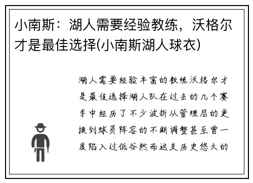 小南斯：湖人需要经验教练，沃格尔才是最佳选择(小南斯湖人球衣)