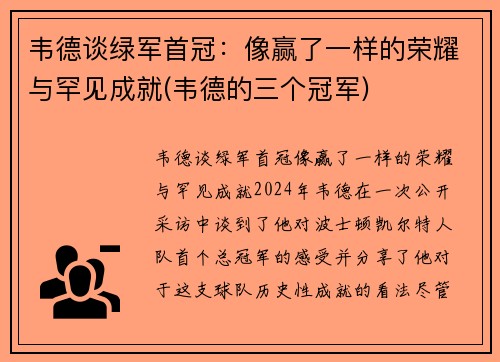 韦德谈绿军首冠：像赢了一样的荣耀与罕见成就(韦德的三个冠军)